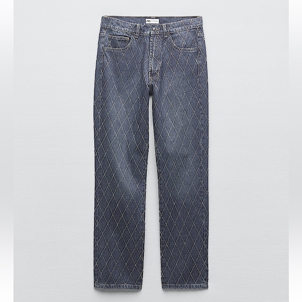 Zara Navy Straight Leg Jeans with Diamond Stitching
